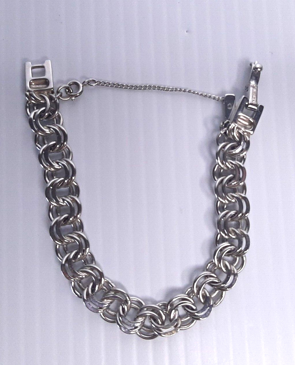 Vintage 7.5″ Double Link Charm Bracelet Silver Tone Safety Chain Security Clasp