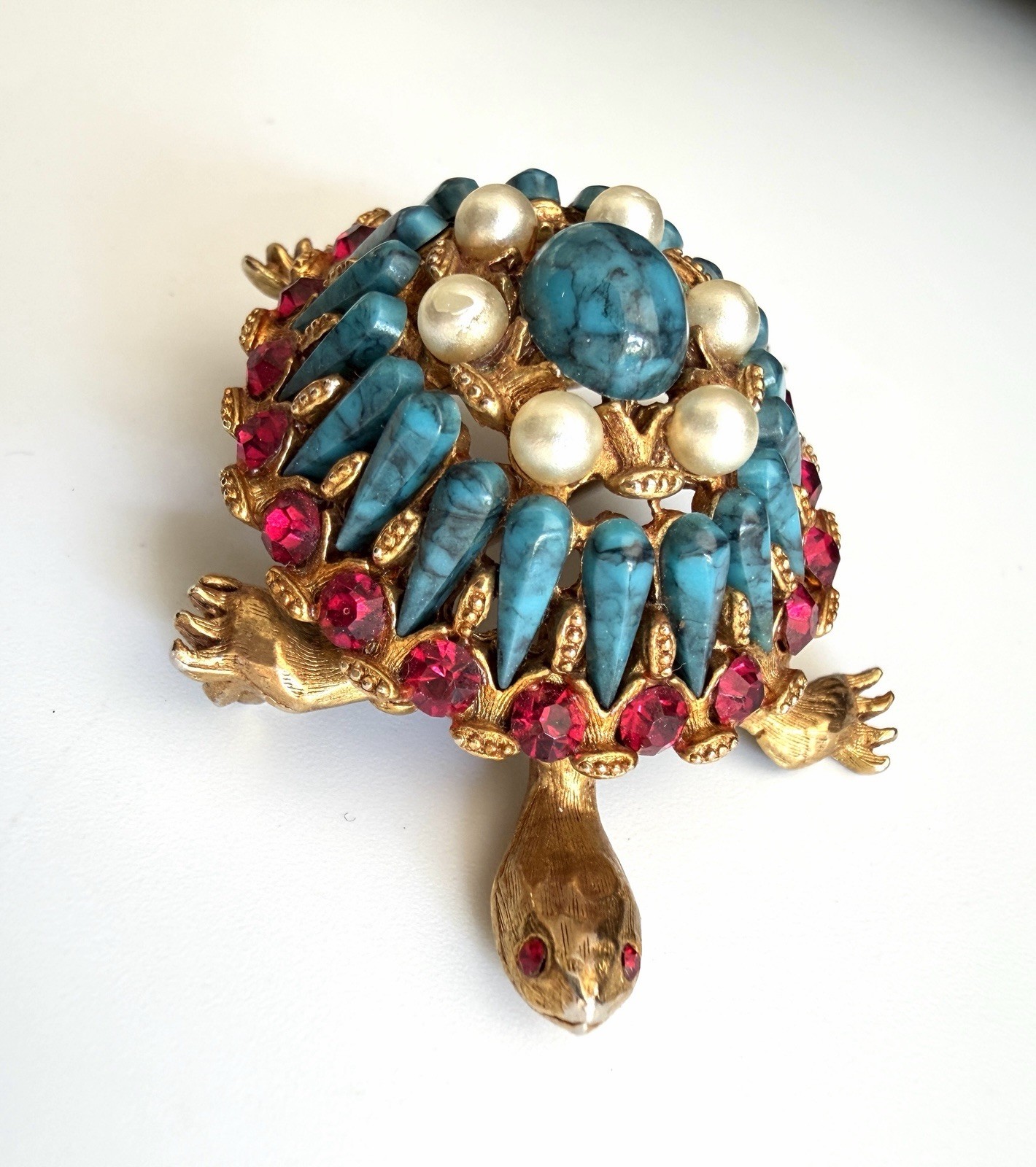 HAR Turtle Brooch Pin Rare Mid Century Turquoise Tiered Rhinestone Statement!!