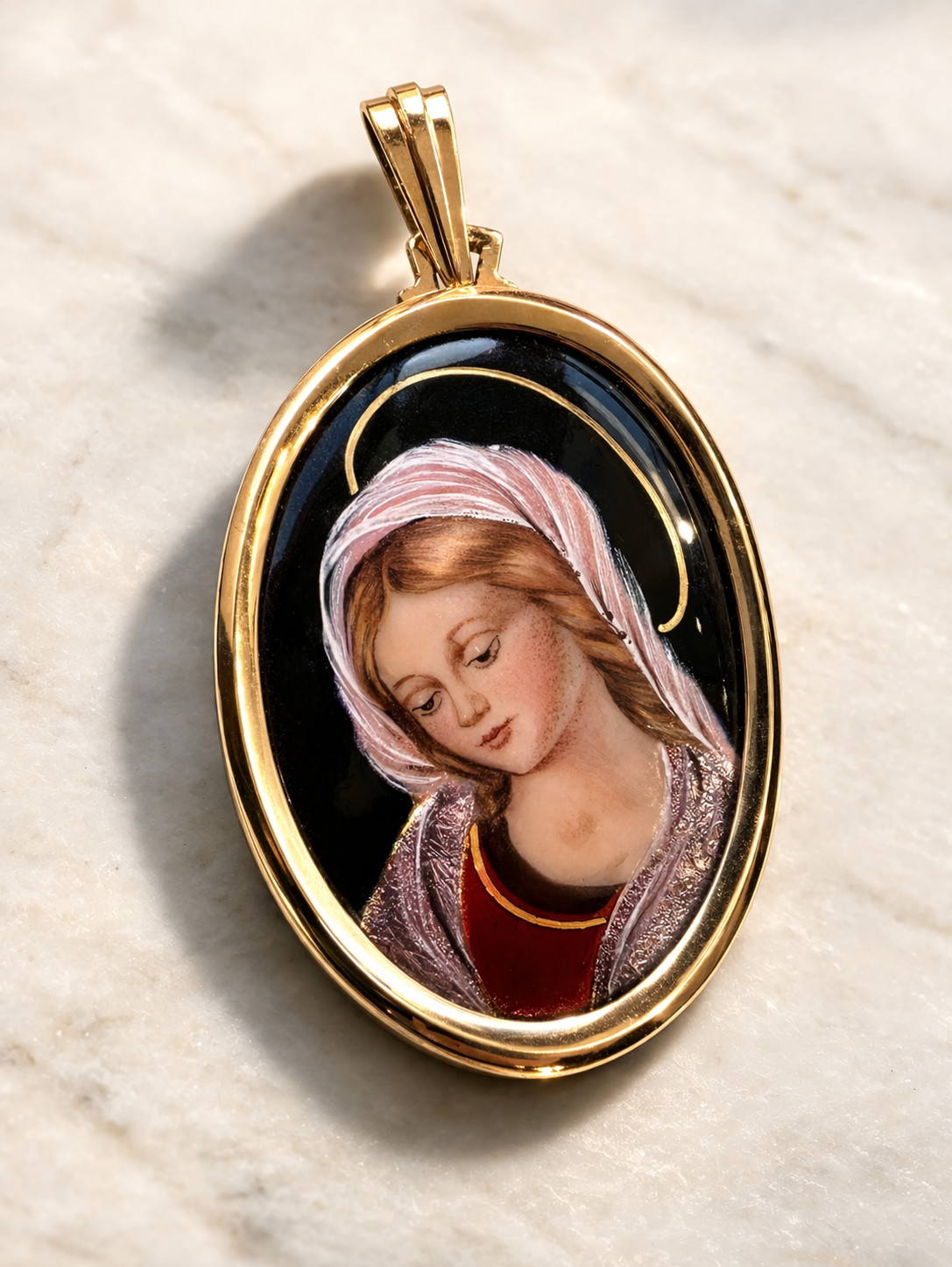 Fine Antique Art Nouvea 18K 18CT Gold Enamel Virgen Mary Medal Pendant Ca 1900