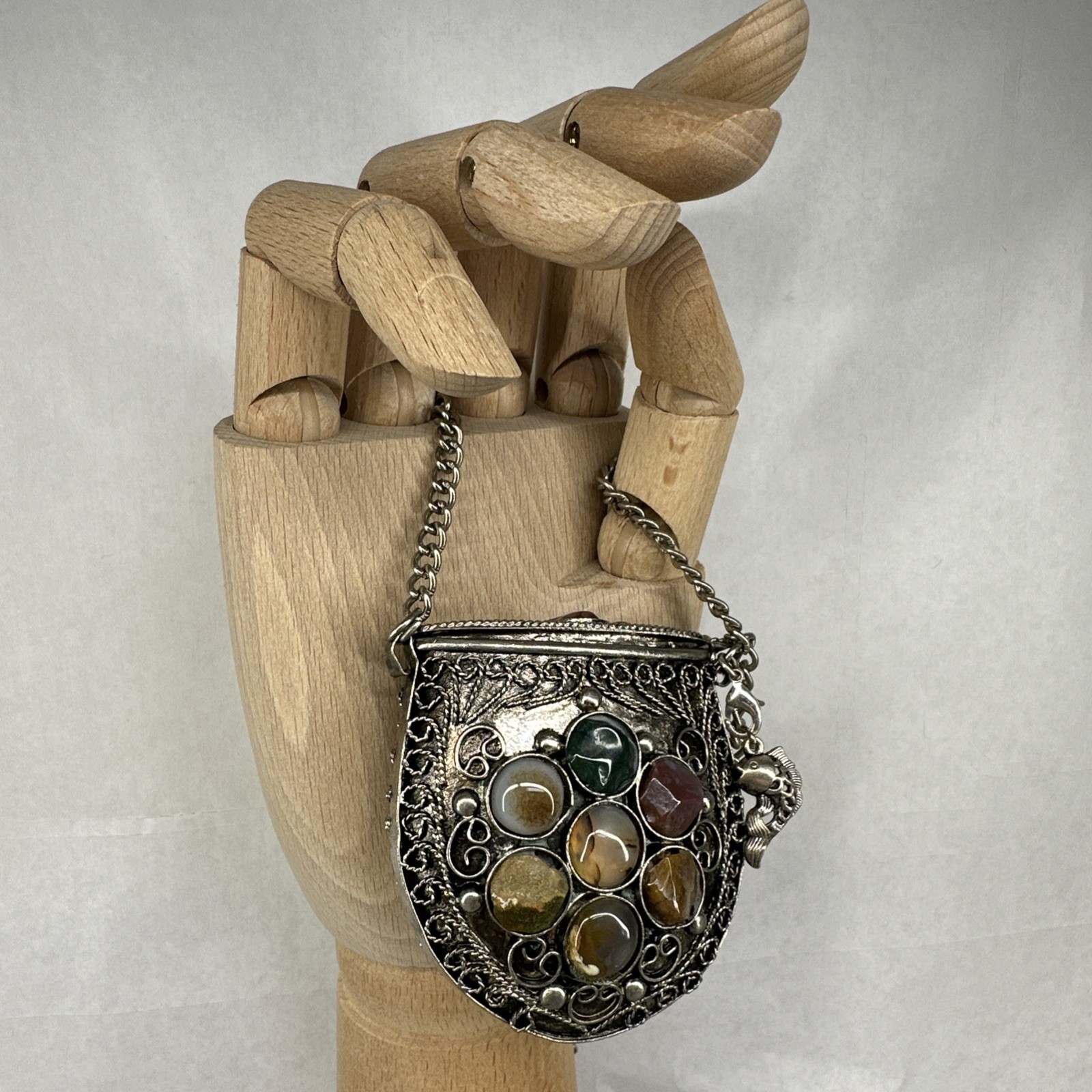 Vintage Small Silver-tone Sajai Metal Purse Necklace Agate Gemstones Tether Lid