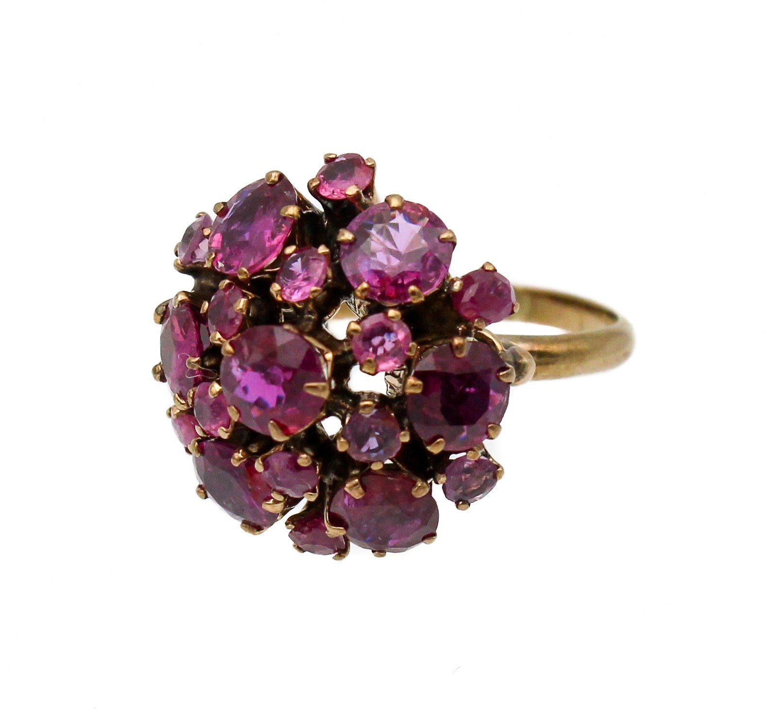 Vintage Ruby / Pink Sapphire Dome Cluster Cocktail Ring 14K Yellow Gold Sz 5
