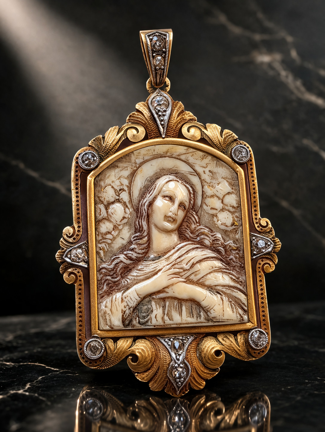 Antique 18K Gold Virgin Mary Pendant w/ 11 Diamonds Victorian Religious Rare XIX