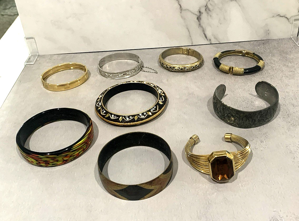Lot of 9 1980’s Costume Bangle Cuff & Hinged Bracelets India Leonard Pewter +
