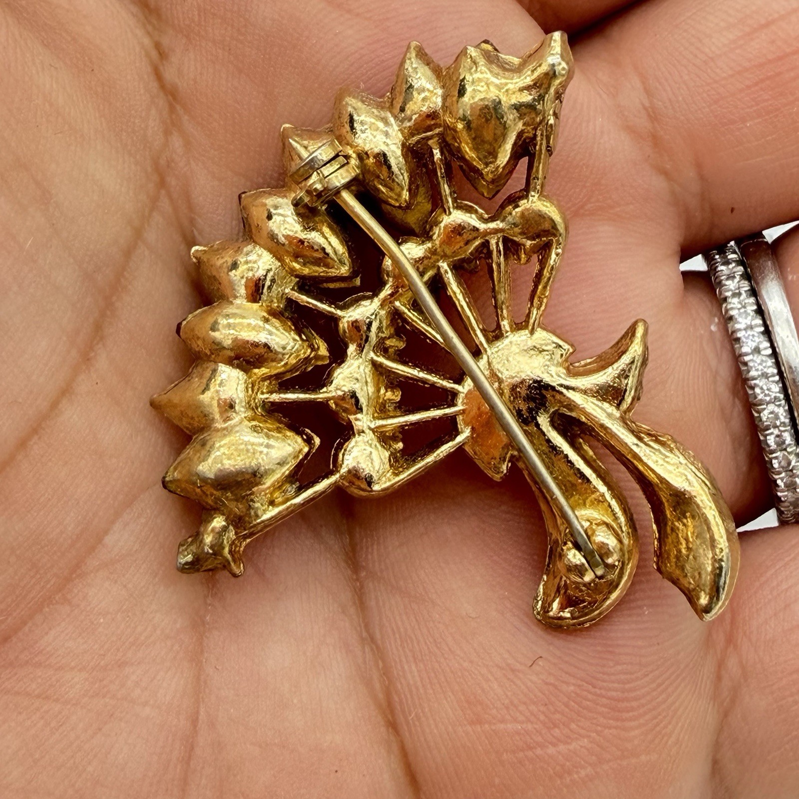 Vintage Rhinestone Brooch Pin Pink Navette Fan Flower Bouquet Retro