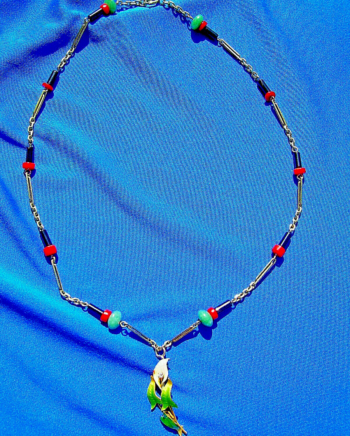 ORIGINAL Antique Deco Diamond Necklace Victorian Jade Onyx Coral Chain 14K GOLD