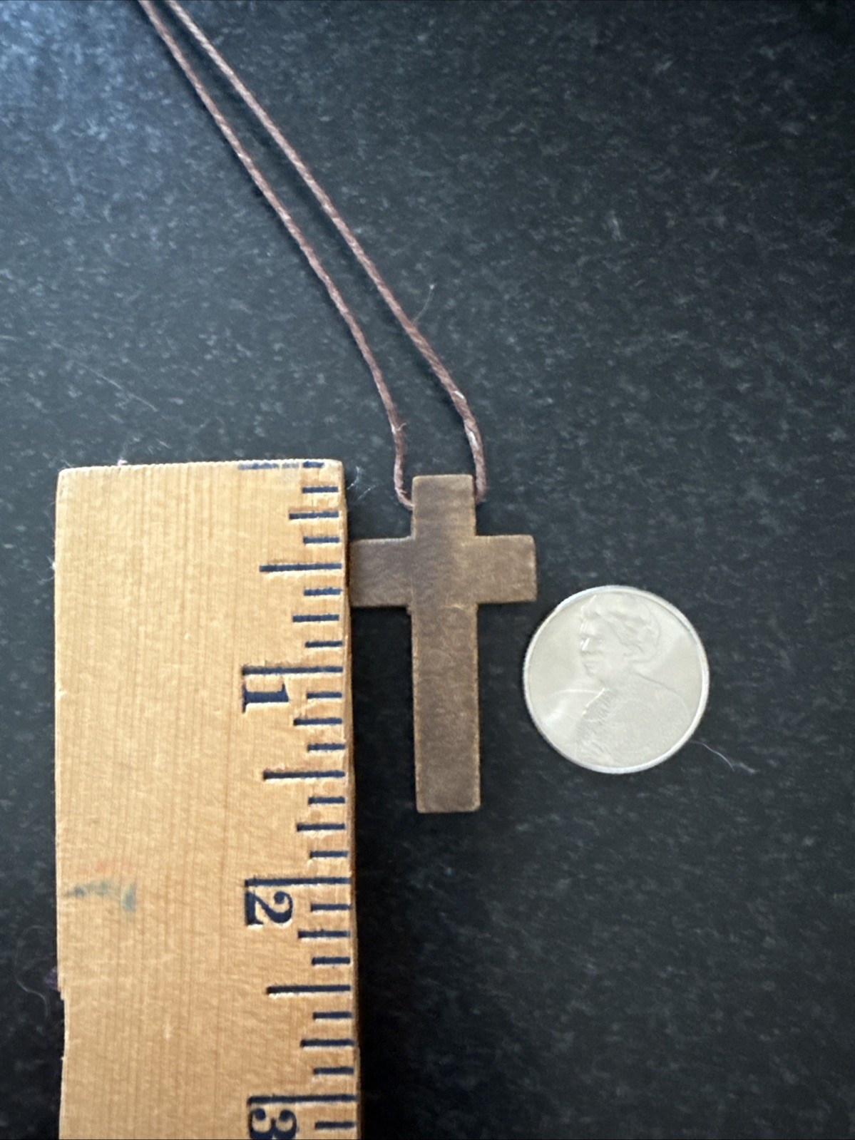 Vintage 80s Cross INRI Necklace Pendant Rosary OLIVE WOOD Hemp Cord COLLECTIBLE