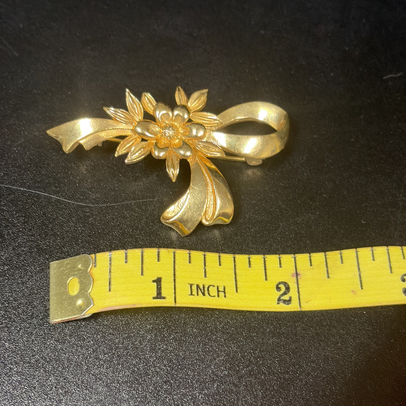 Made in England Gold Tone Brooch Ribbon And Flower. Rollover Safety Clasp “2 w