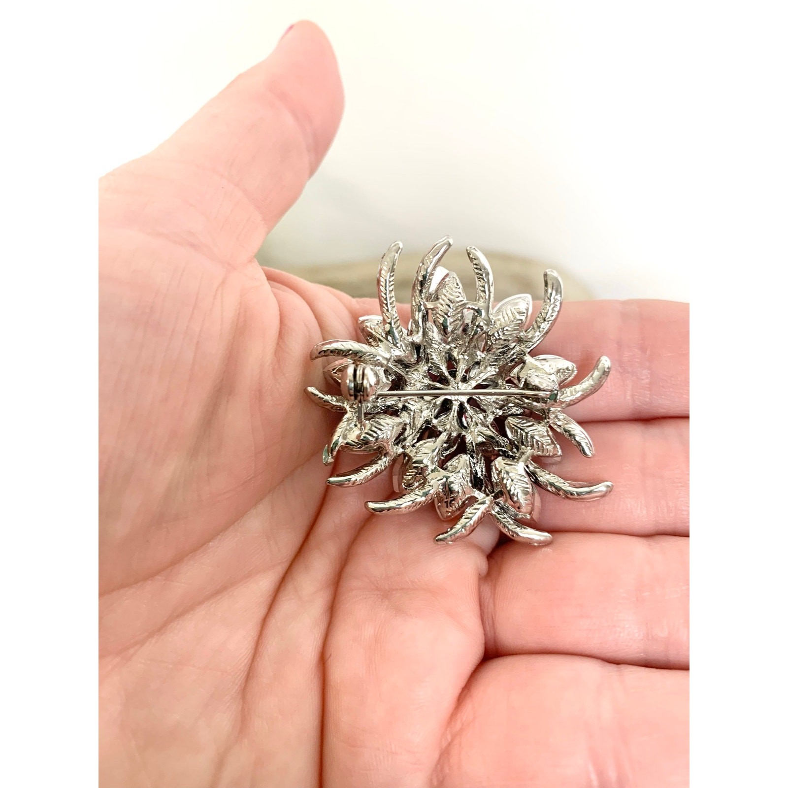 Vintage Blue Violet Rhinestone Flower Brooch Silver Statement Pin Mid Century