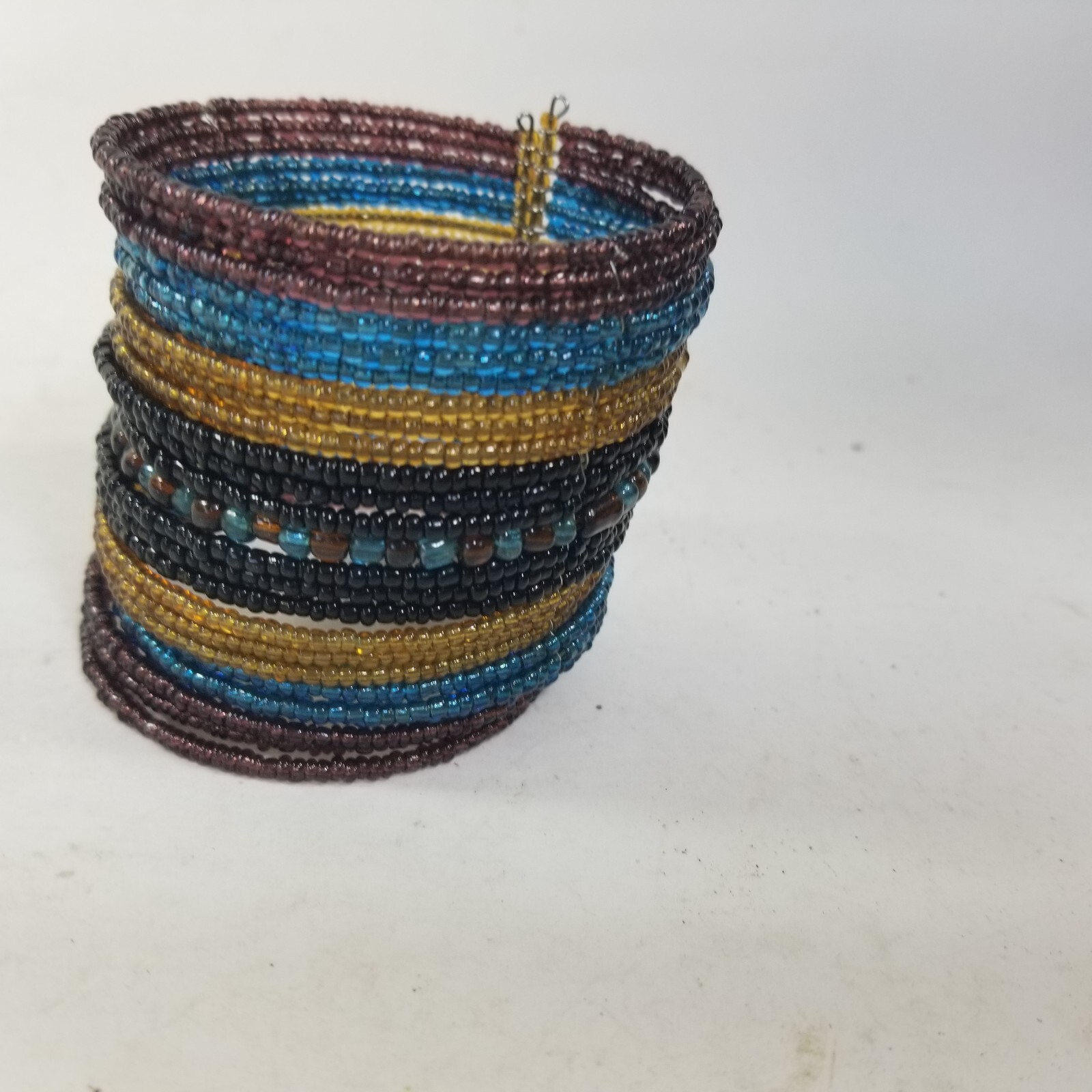 Seed Bead Cuff Bracelet Blue Yellow Black Boho Extra wide