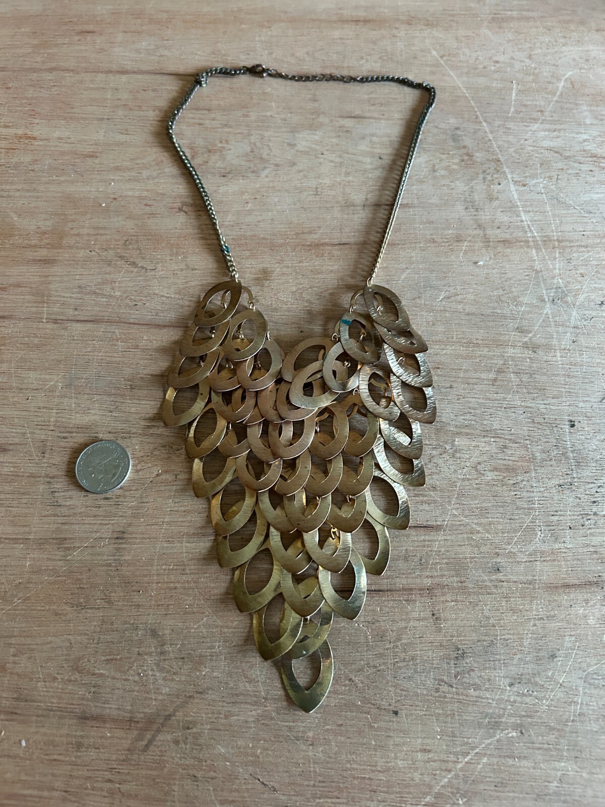 Bib Necklace Overlapping Dangling Layered Costume Teardrop Brass Tone Vintage