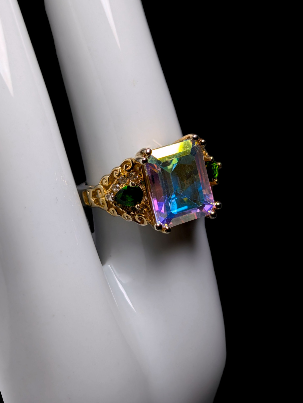 Vintage Emerald Cut Solitaire Genuine Mystic Topaz with Chrome Diopside and Zirc
