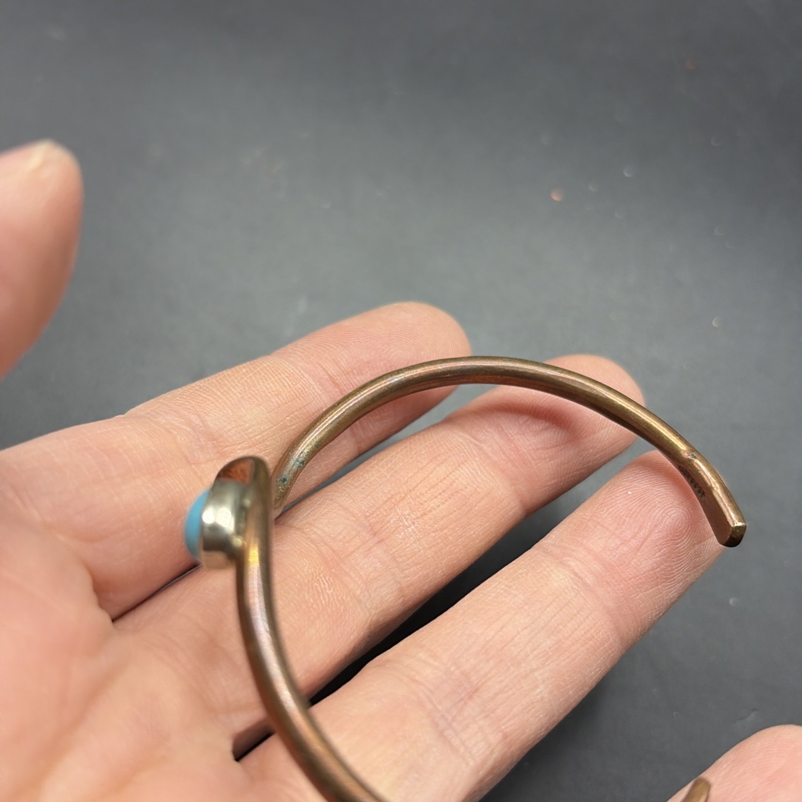 Vintage Copper Brass Turquoise Bracelet Cuff 2.5”W Wave Southwest Skeets Signed