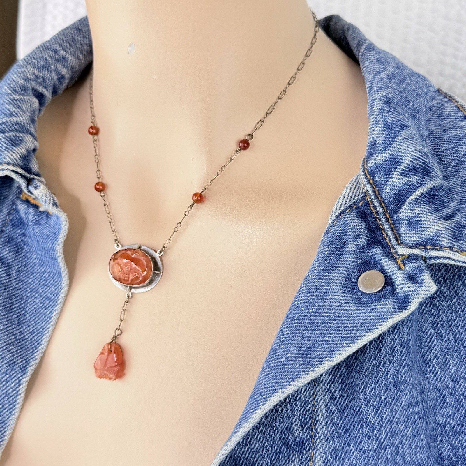 Antique Vintage Carved Carnelian Silver Pendant Necklace Art Deco