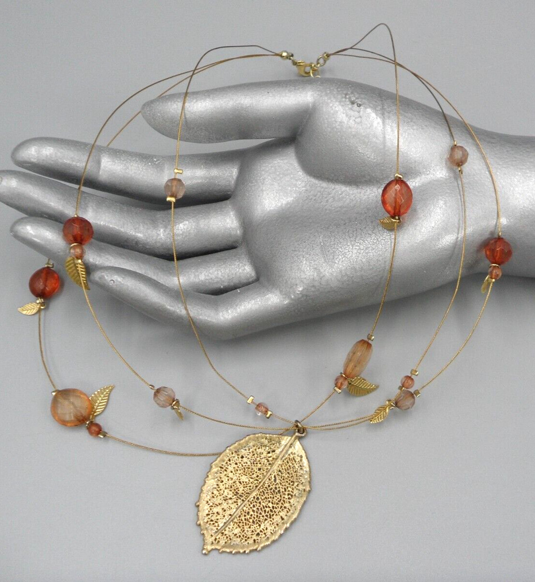 3 Strand Festoon Station Necklace Leaf Pendant Charms Peach Orange Mauve Beads