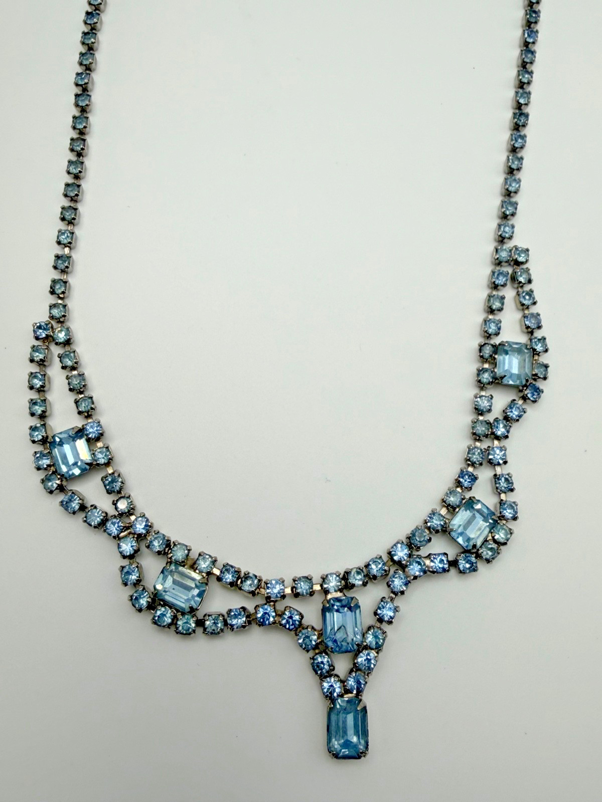 Vintage light blue rhinestone statement necklace in silver-tone setting – 16.5 “