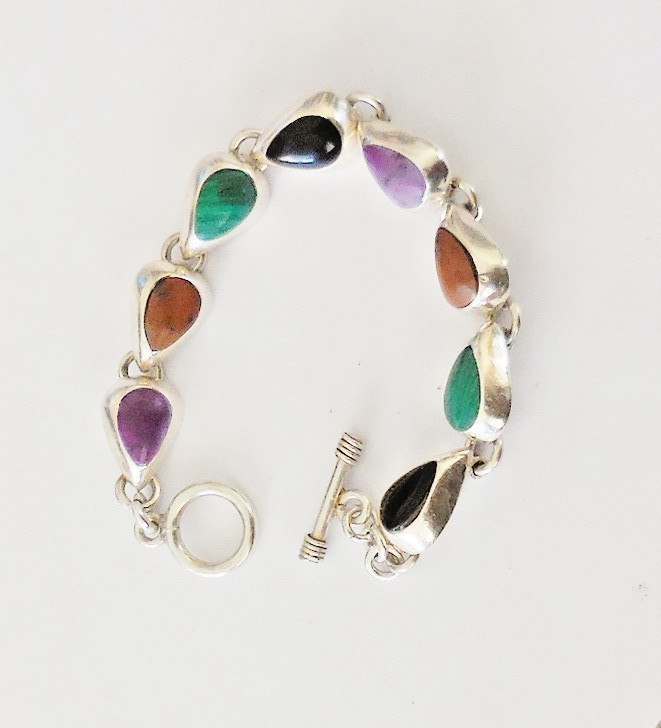 VINTAGE GEODE STERLING SILVER BRACELET BEAUTIFUL COLORFUL STONES 31 GRAMS