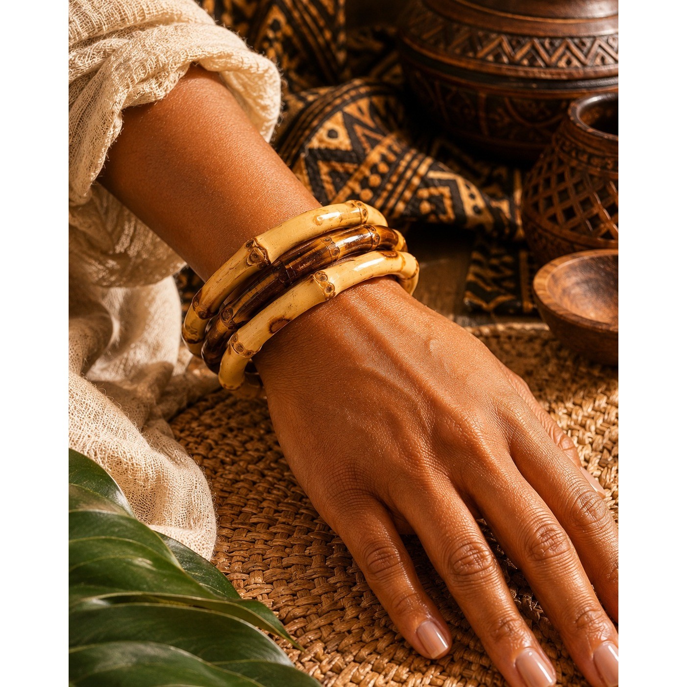 Vintage Faux Bamboo Bangle Bracelet Lot 3 Resin Acrylic Stackable Brown Beige