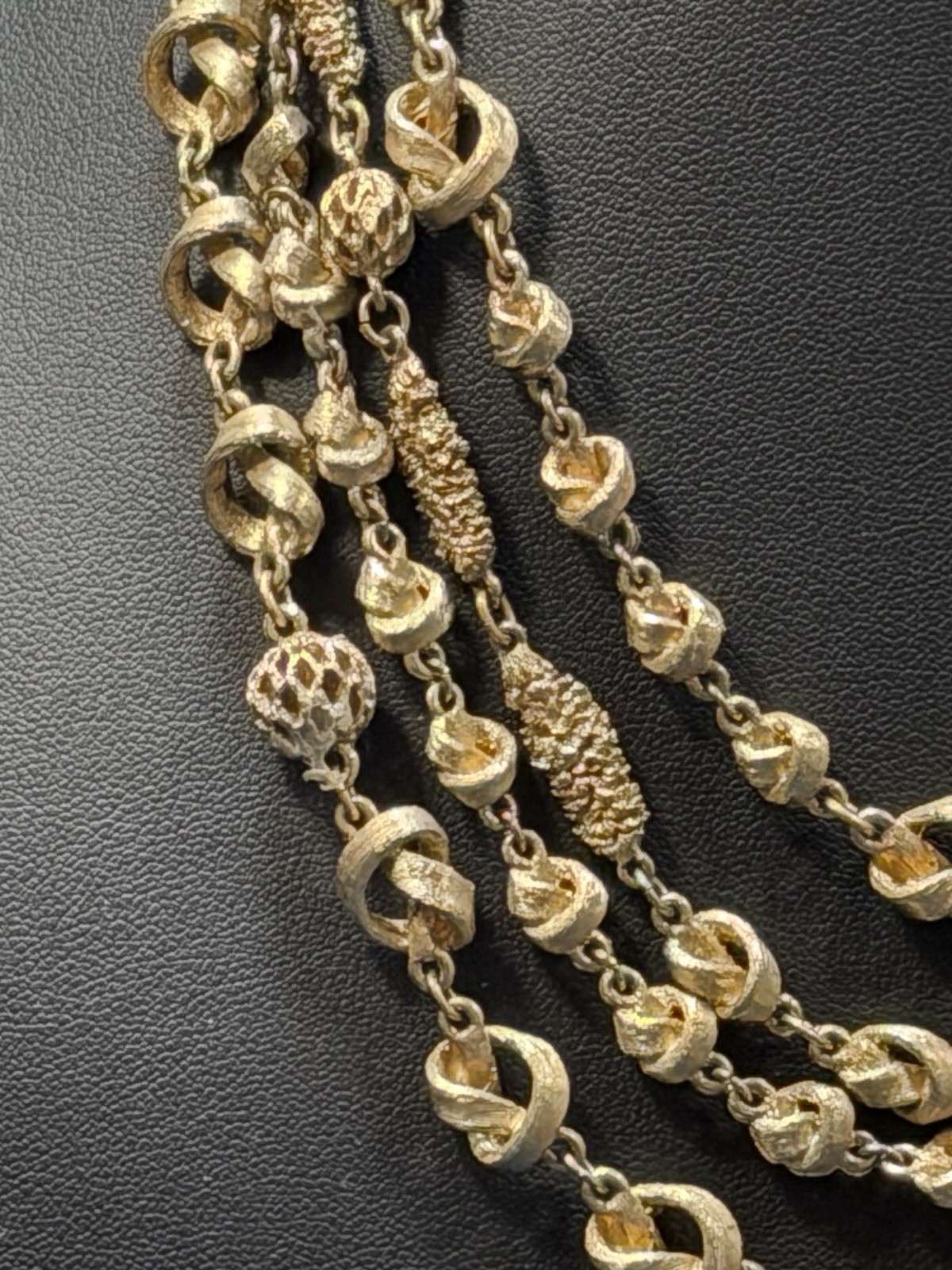 Vintage Knot Filigree Bead Necklace Multi Strand Beaded Gold Tone Acorn Hook