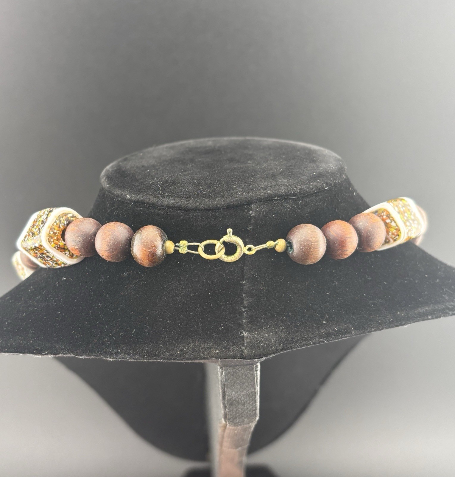 Ceramic Glazed Square White Brown Wooded Beaded VTG 16′ Necklace