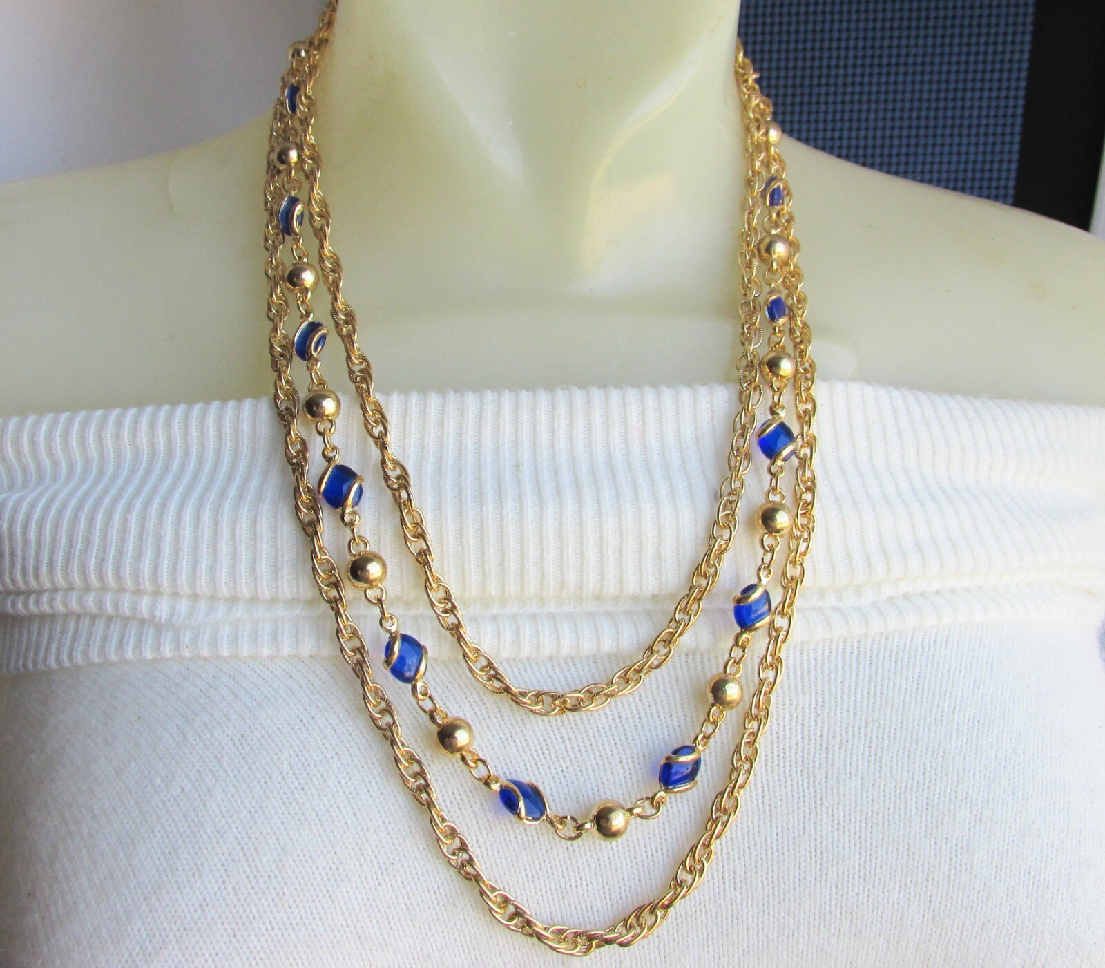 Vintage Electric Blue Glass & Metal Bead Necklace 3 Rows Gold Plate