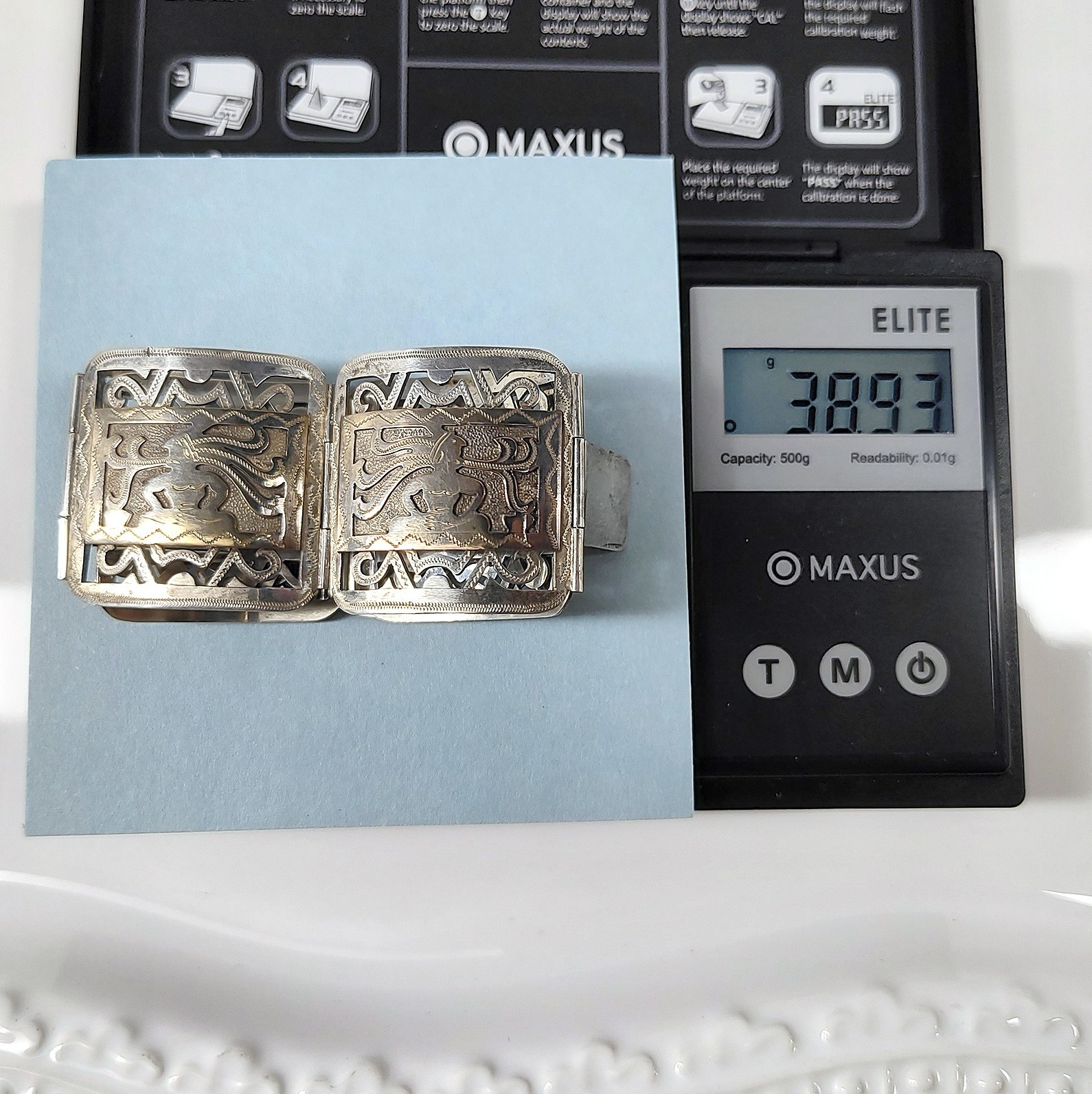 Vintage 60s Guatemala Bracelet 900 Silver Gold Wash Mayan Storyteller Signed 39g
