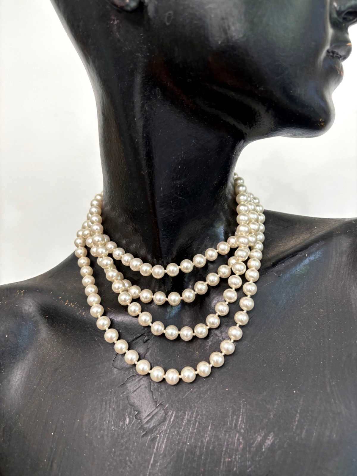 Vintage 60” White Faux Pearl Glass Hand Knotted Beaded Endless Strand Necklace