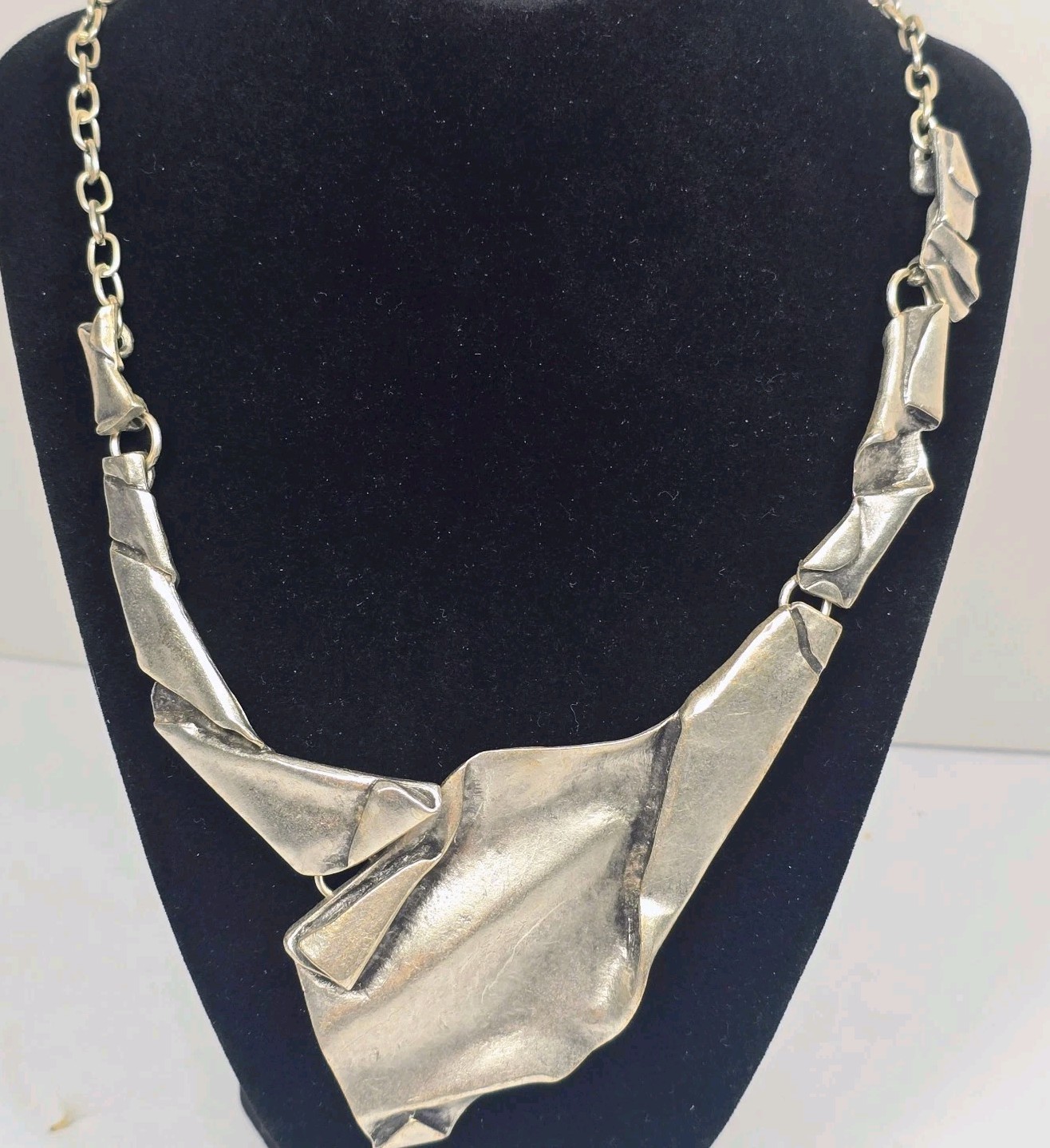 Vintage Brutalist Silver Tone Statement Necklace Sculptural Modernist Artisan…