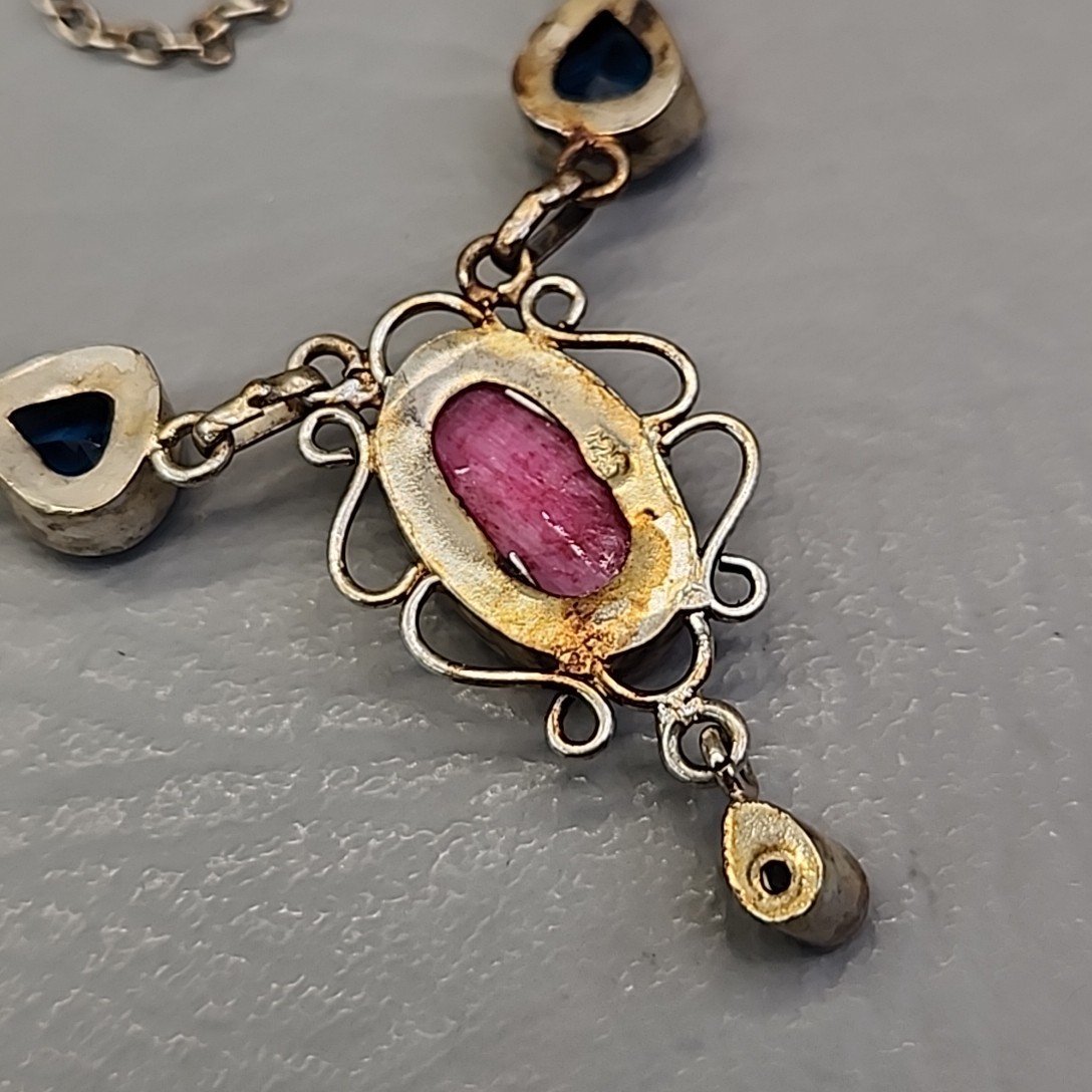 Vintage Glass Bead Necklace Blue Beads Pink Quartz Artisan Silver Tone 18.75″
