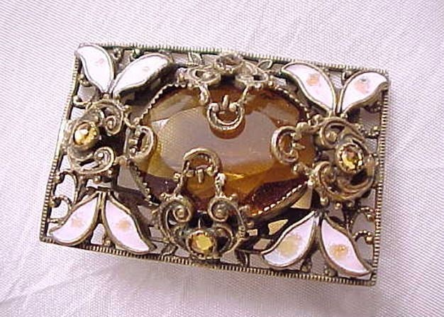 Vintage Brass Filigree Faux Topaz Brooch