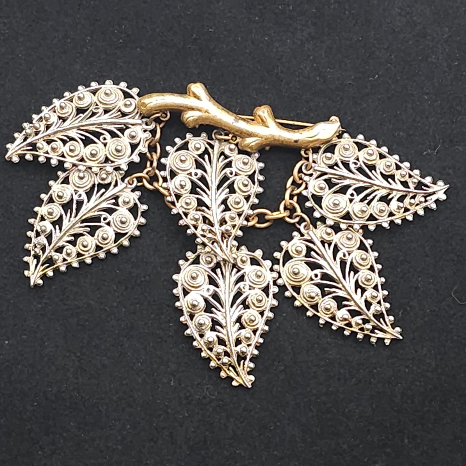 Vintage Filigree Dangle Leaf Brooch Statement Nature Gold & Silver Tone Ornate