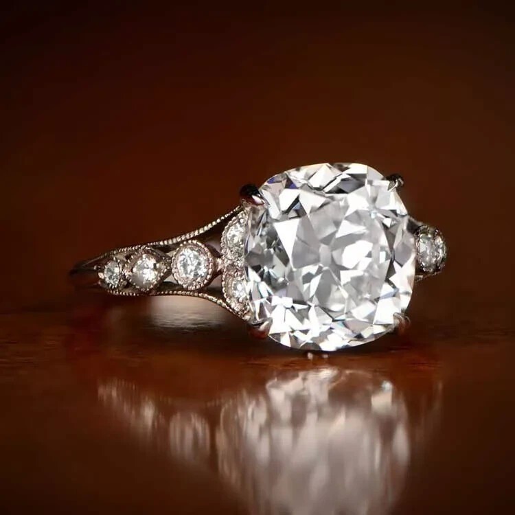 Antique 4CT Cushion Cut Lab Created Diamond Vintage Style Ring 14K White Gold FN