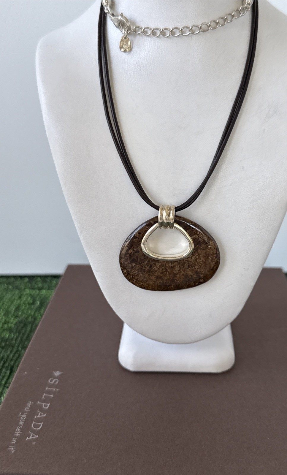 SILPADA Sterling Silver Leather Cord Necklace w/ Big Brown Stone Pendant-20”