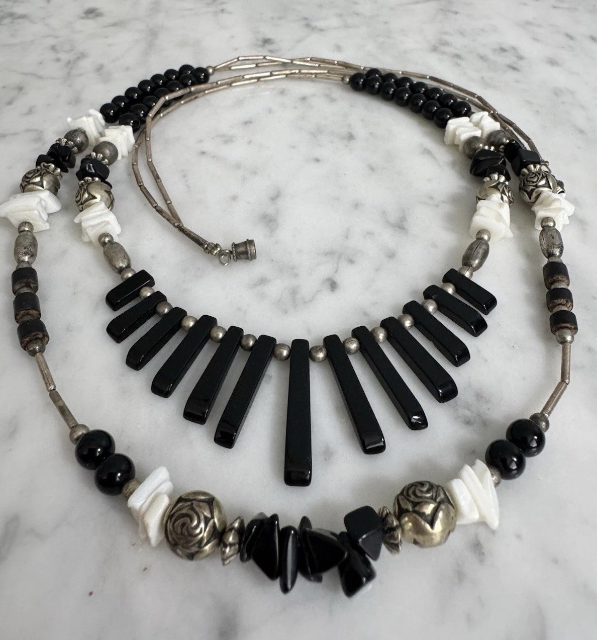 Vtg Silver Tone Liquid Silver Black Onyx Bead & Fringe 2-Strand Layered Necklace