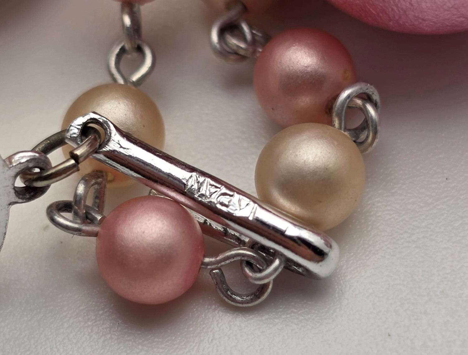 Vintage Japan Pink Faux Pearl Triple Strand Layered Necklace Crystal 17”