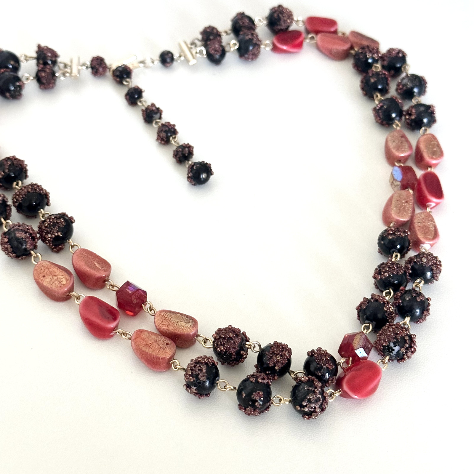Vintage Red Crystal & Acrylic Beaded Double Row 2 Strand Adjustable Necklace