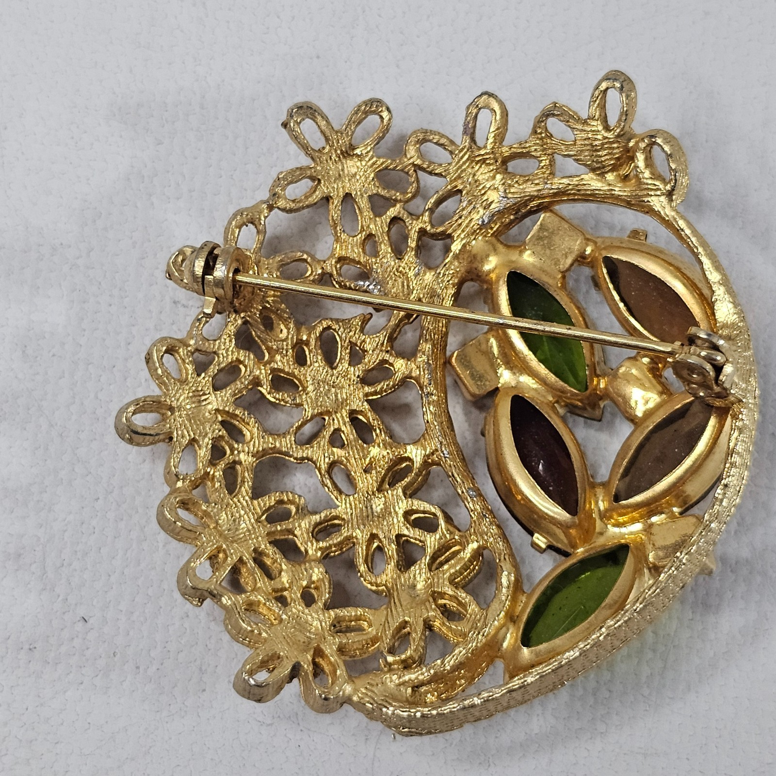 Gold Tone Floral Brooch Fall Colors Open Work Navette Rhinestone Unmarked Pin