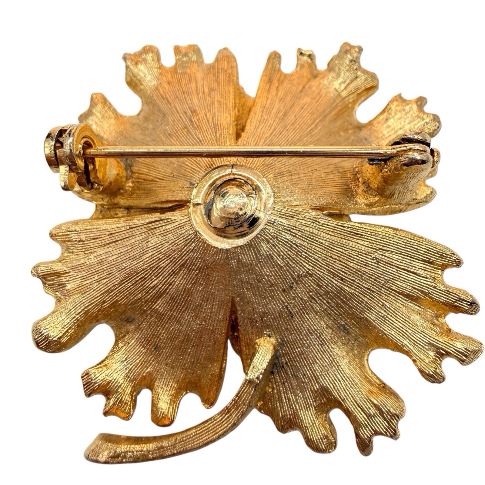 Vintage Faux Pearl Flower Brooch Carnation Brushed Gold Tone Shiny Stem Pin B6