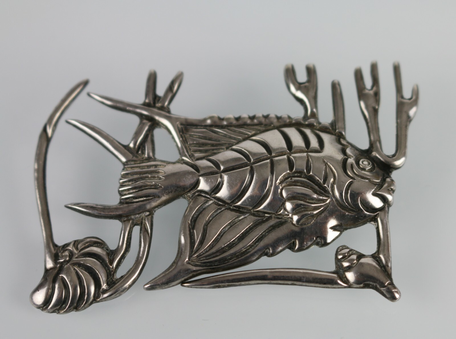Vintage Los Castillo Taxco Mexico Sterling Silver Pin Brooch ~ Fish Aquarium 164