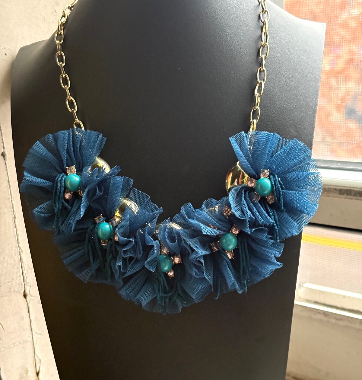 SUGARFIX BLUE Tutu Lace Flowers & Rhinestone Ballerina Necklace Gold Tone