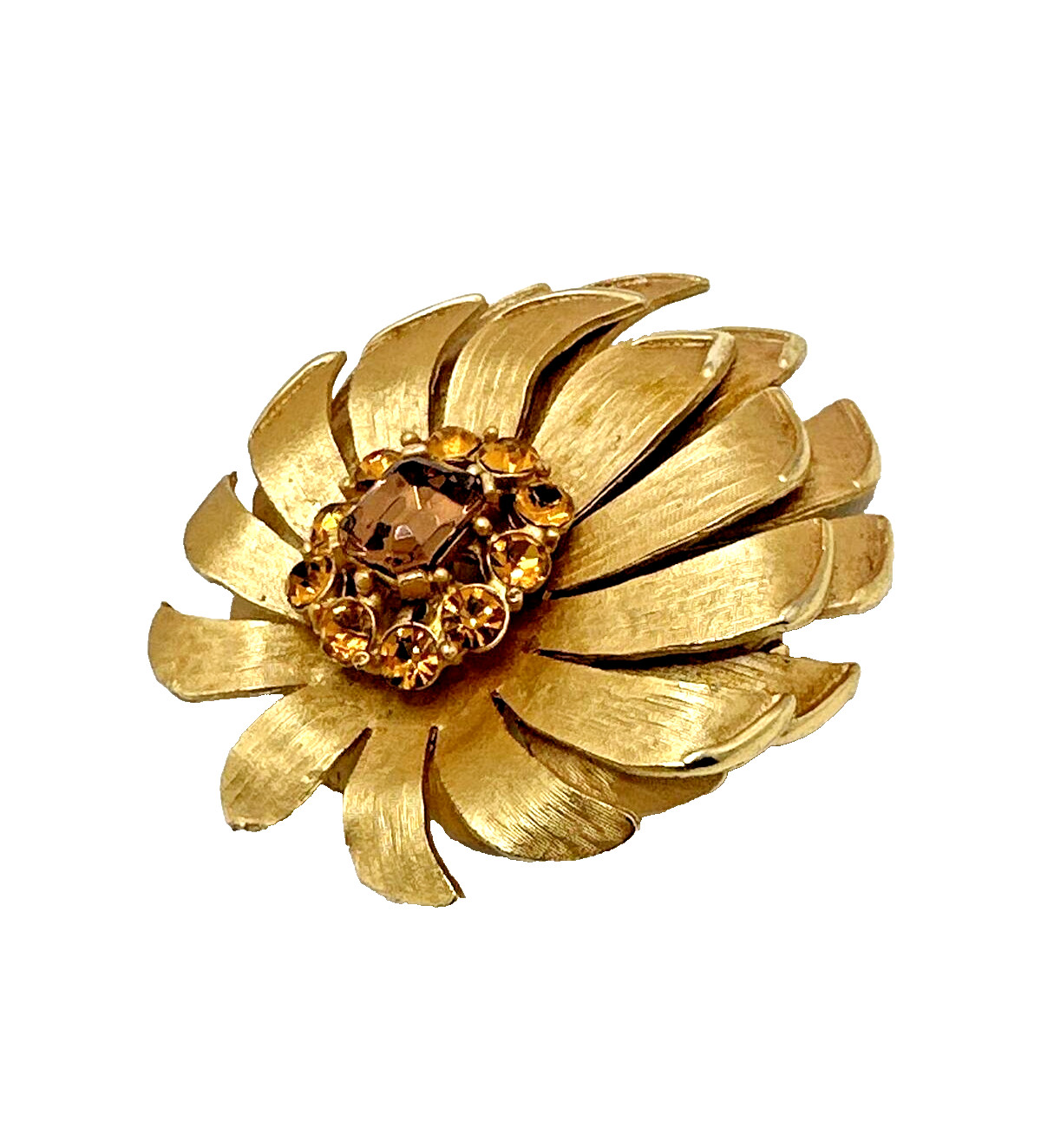 Vintage MCM 3D Layered Gold Tone Floral Flower Brooch Pin 2.5″ Amber Rhinestone