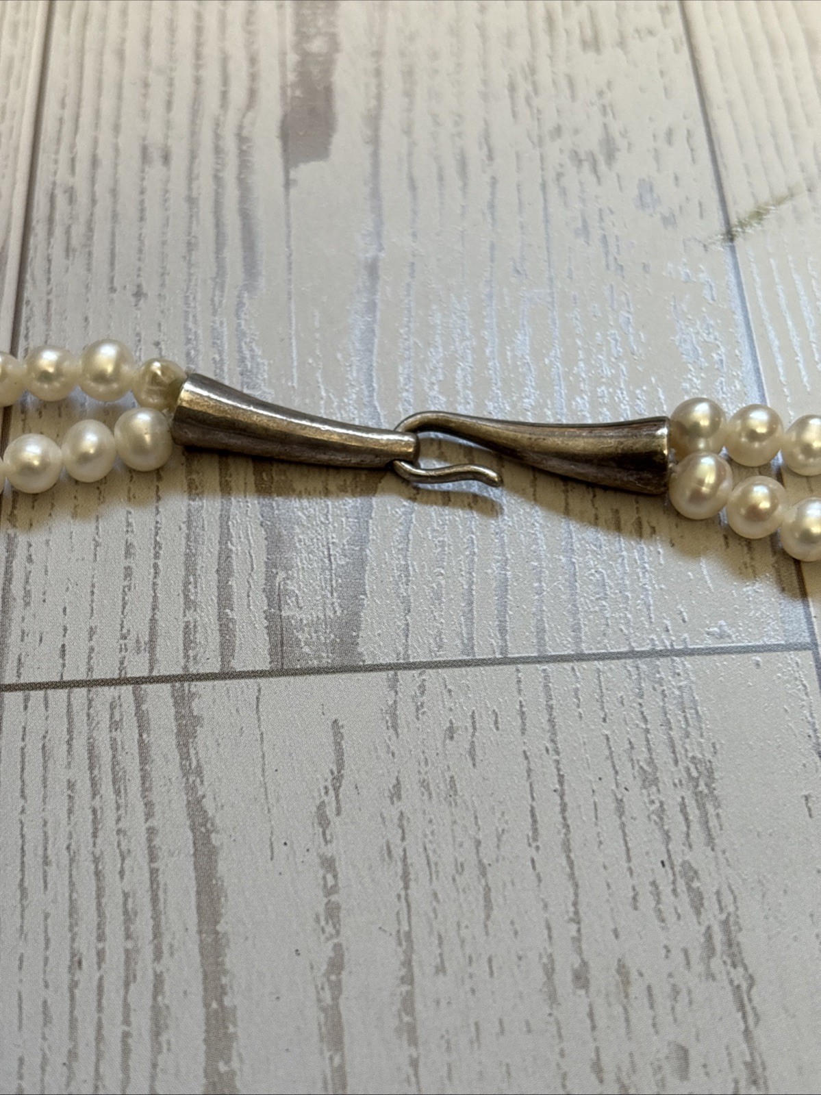 Vintage Double Strand Genuine Pearl Necklace 925 Sterling Silver Cone Hook Clasp