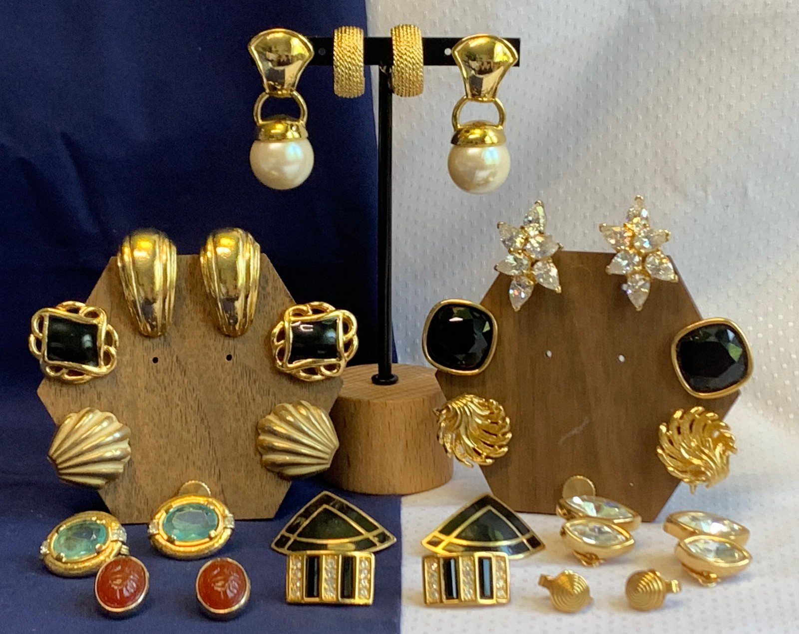 Vtg Clip-On Earring Lot Costume Jewelry Enamel Faux Gemstones / Pearl / Onyx