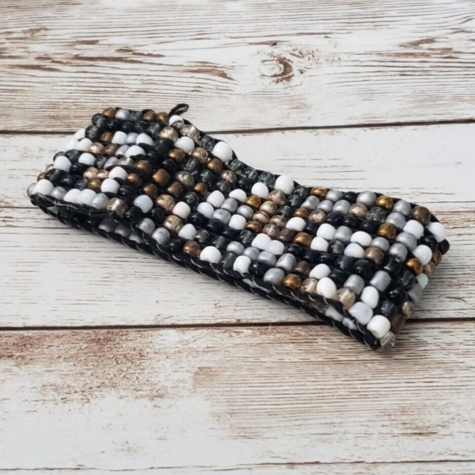 Vintage Beaded Bracelet Black, White & Brown Tones. Wide Chunky Statement