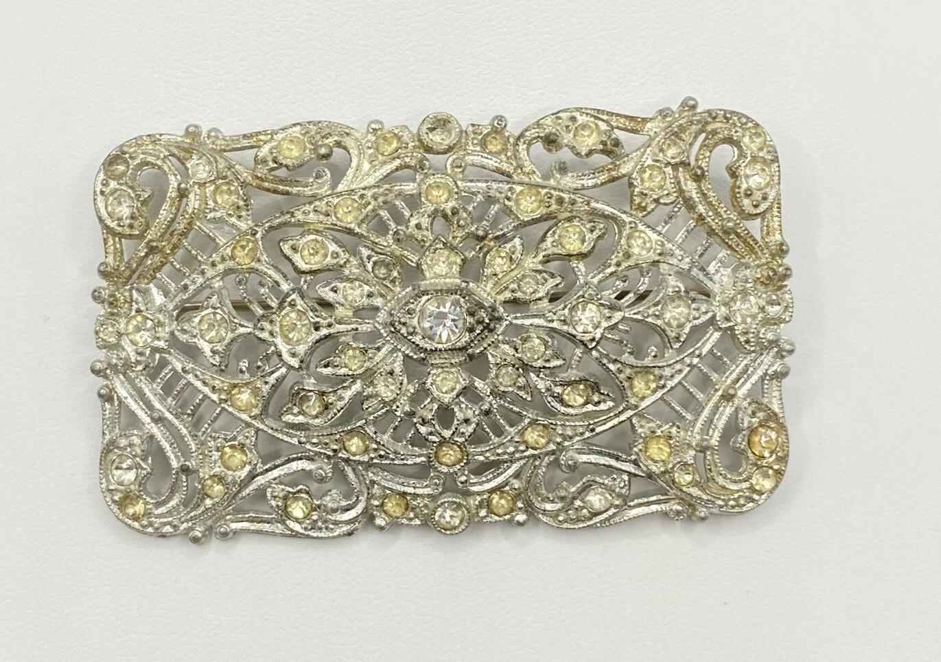 New England Glass Works Silver Rhinestone Filagree Brooch 2”
