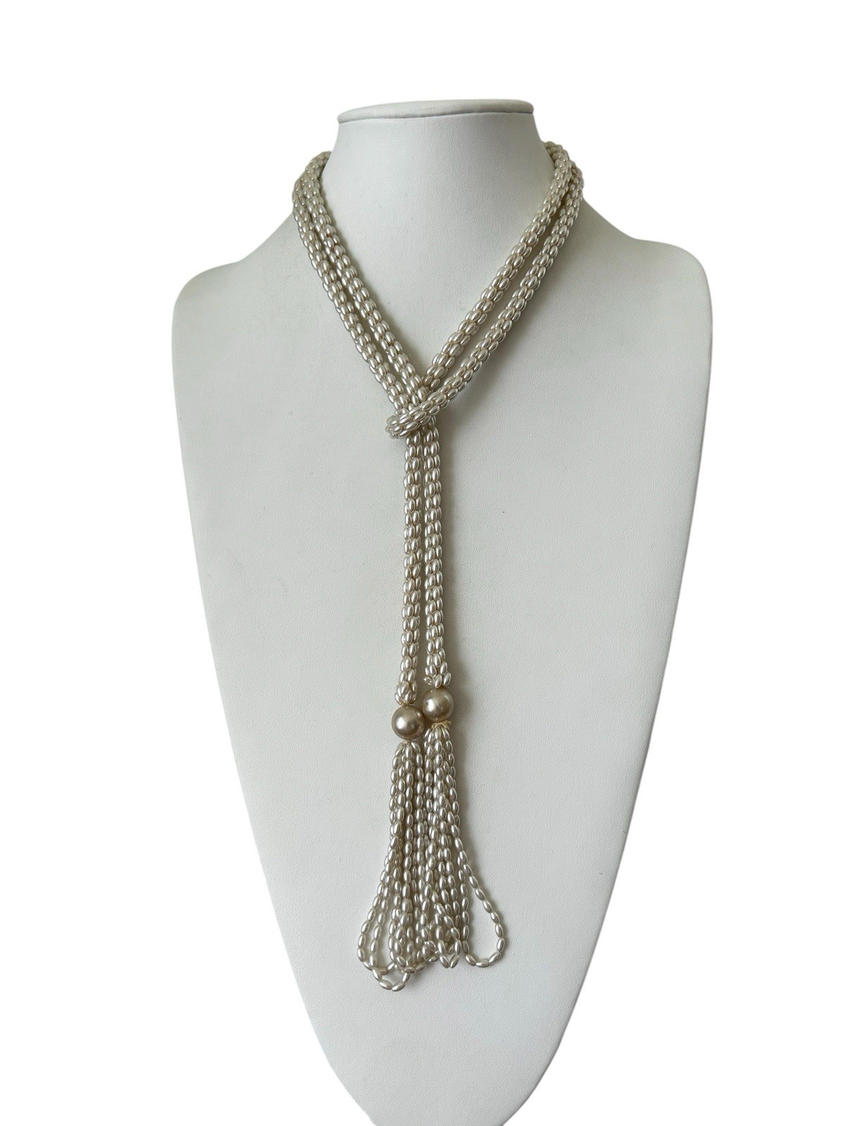Long Faux Pearl Lariat Necklace Multi Strand Tassel Wrap Belt Convertible 58”