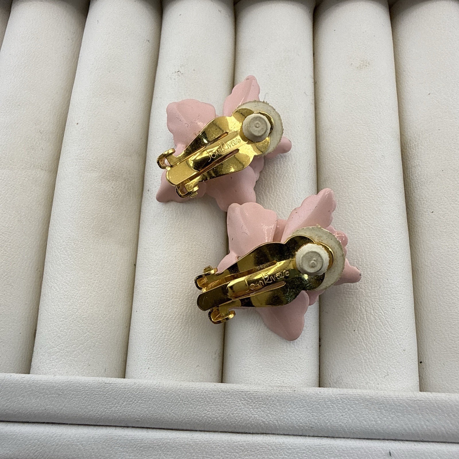 Vintage Joan Rivers Earrings Orchid Flower Floral Enamel Clip On Pink Purple
