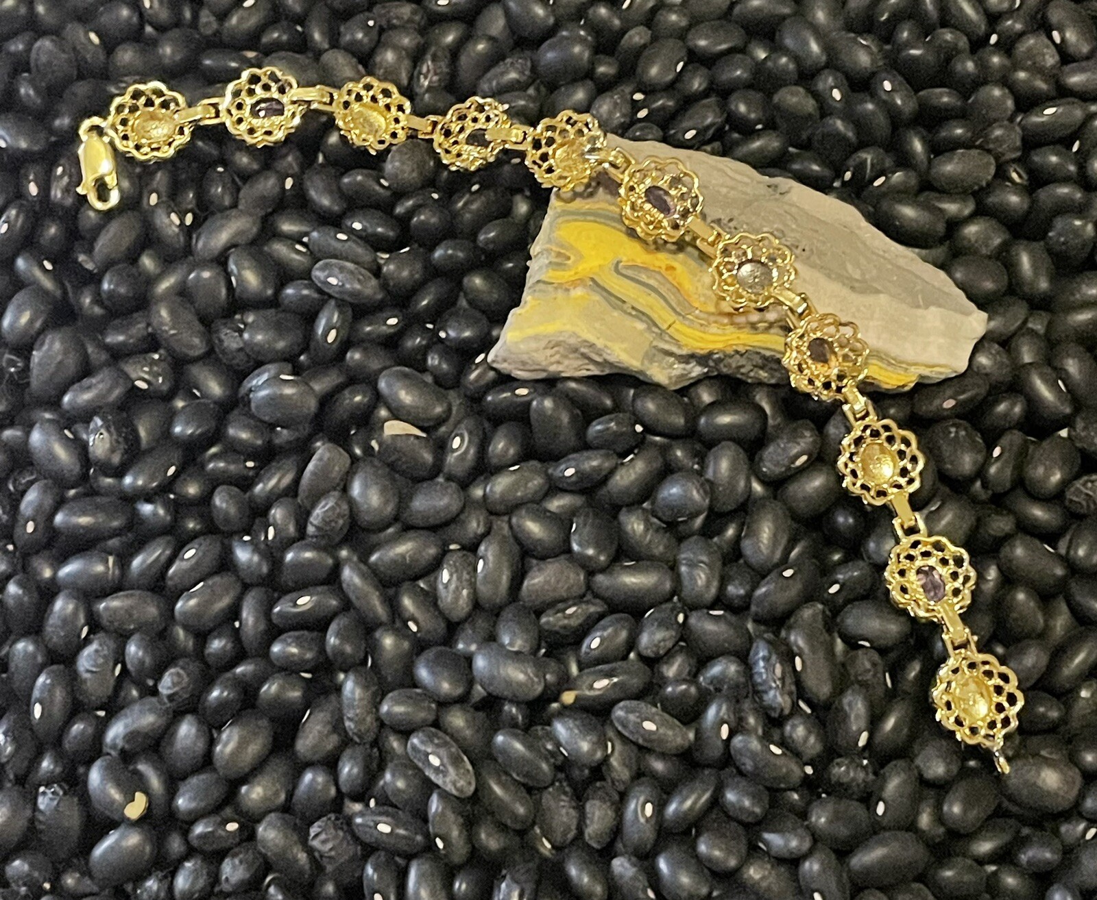 Sterling Silver Gold Vermeil Purple Amethyst Etched Open Work Tennis Bracelet