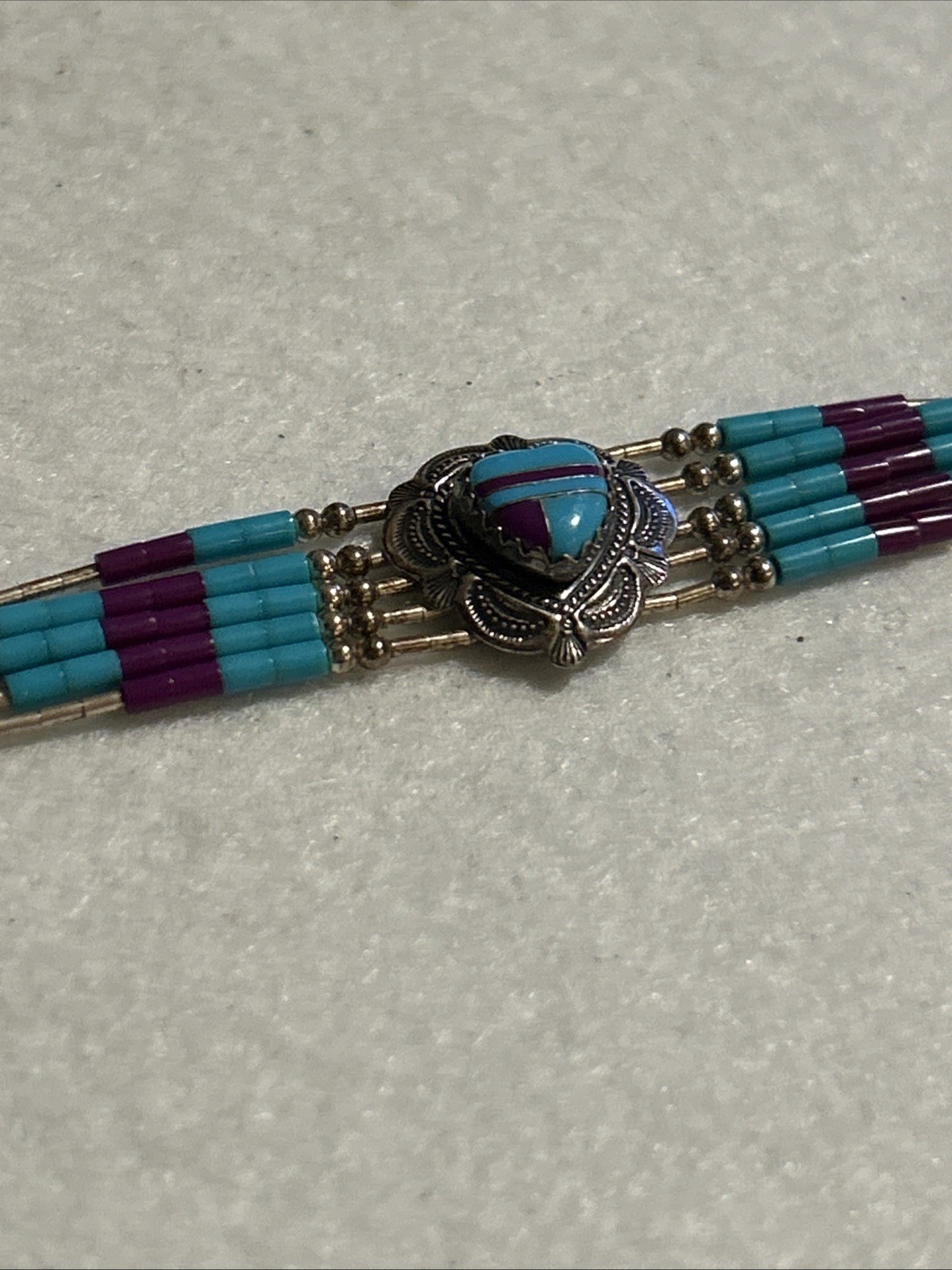 Vintage Sterling Silver Purple & Blue Turquoise Heart Inlay 925 QT Bracelet 🩵