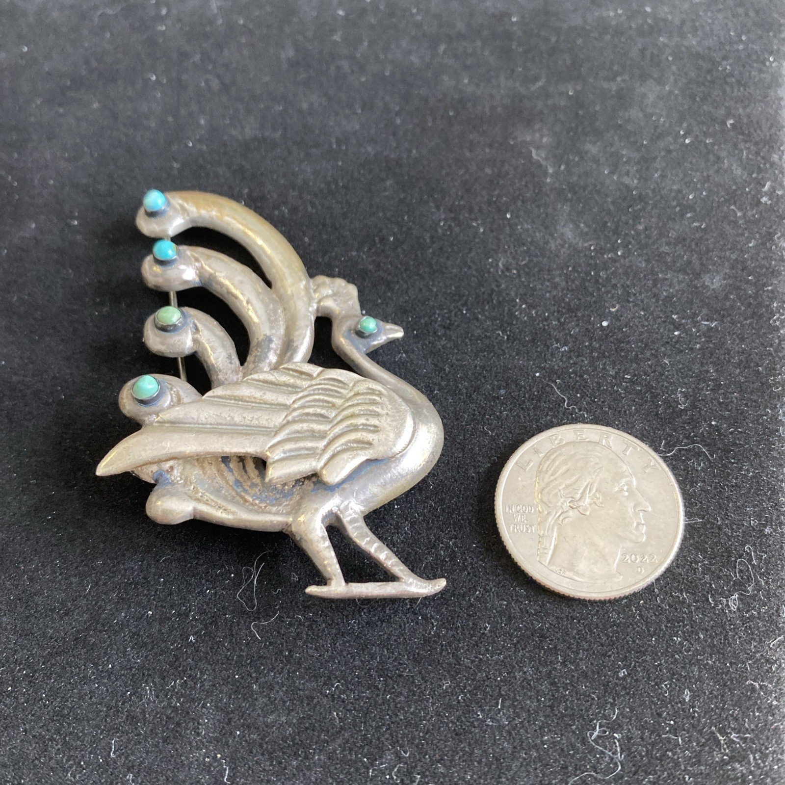 Vtg Peacock Pin Marked Silver Mexico With Turquoise Appox. 33gr Dimensional