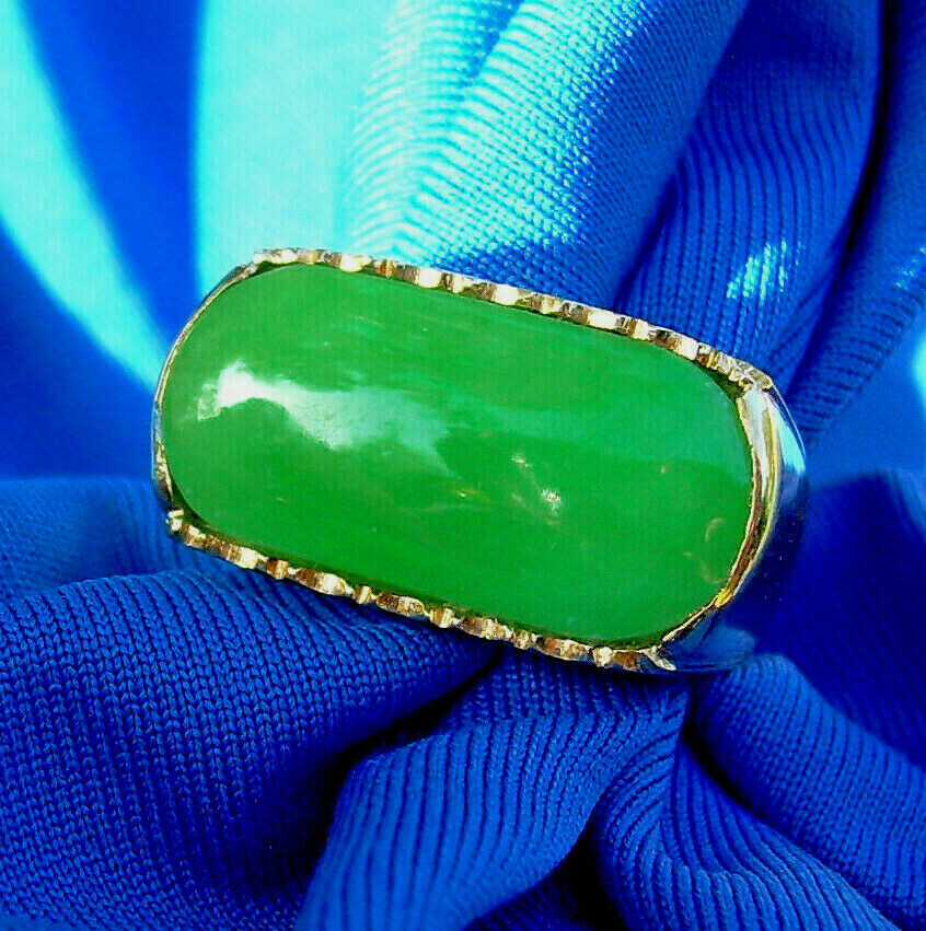 EARTH MINED Green Jadeite JADE Deco Ring Antique Solid 18K GOLD Size 8.75
